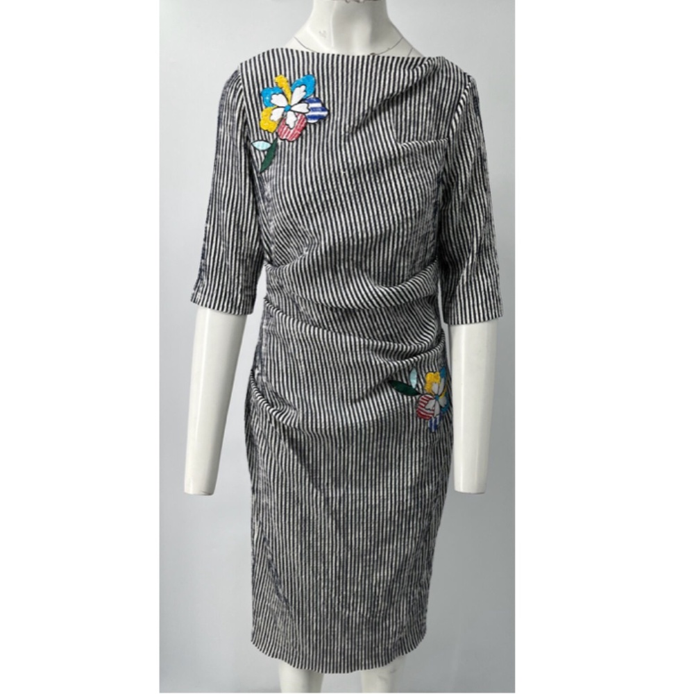 Talbot Runhof Seersucker Striped Floral Embellished Ruched Sheath Dress sz 12/42